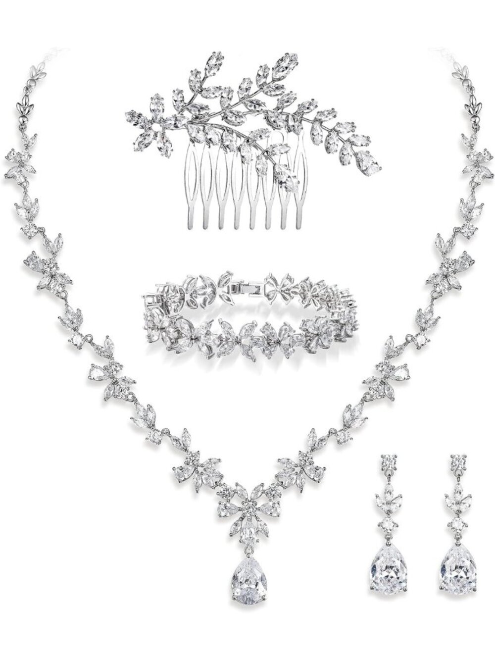 Elegant Floral Leaf Marquise Pear CZ Wedding Jewelry Set for Parties & Events